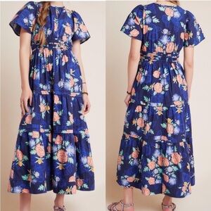 Anthropologie Maeve Somerset Maxi Dress Short Sleeve Tier A-Line Navy Floral XS‎